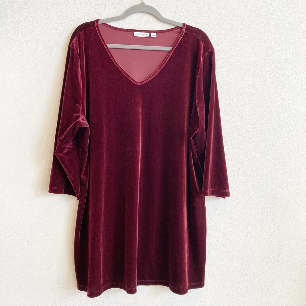 Susan Graver Stretch Velvet Tunic Top Burgundy 3/4 Sleeve V neck Comfort Size 2X